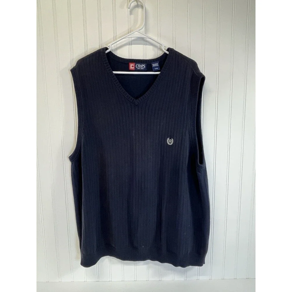 Chaps Logo Mens V Neck Sweater Vest‎ Large Navy Blue Cotton Ribbed Hem Pullover - Picture 6 of 6